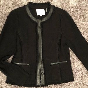 Rebecca Taylor Black Tweed Jacket Leather Trim